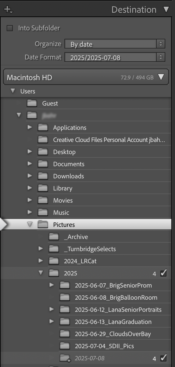 Pictured is an image of the Lightroom import structure in which Lightroom will organize photographs upon import by the date captured.